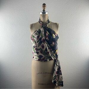 Cinq a Sept l S Clarke Blocked Floral Silk Halter Top Color: Pearl/Black Multi